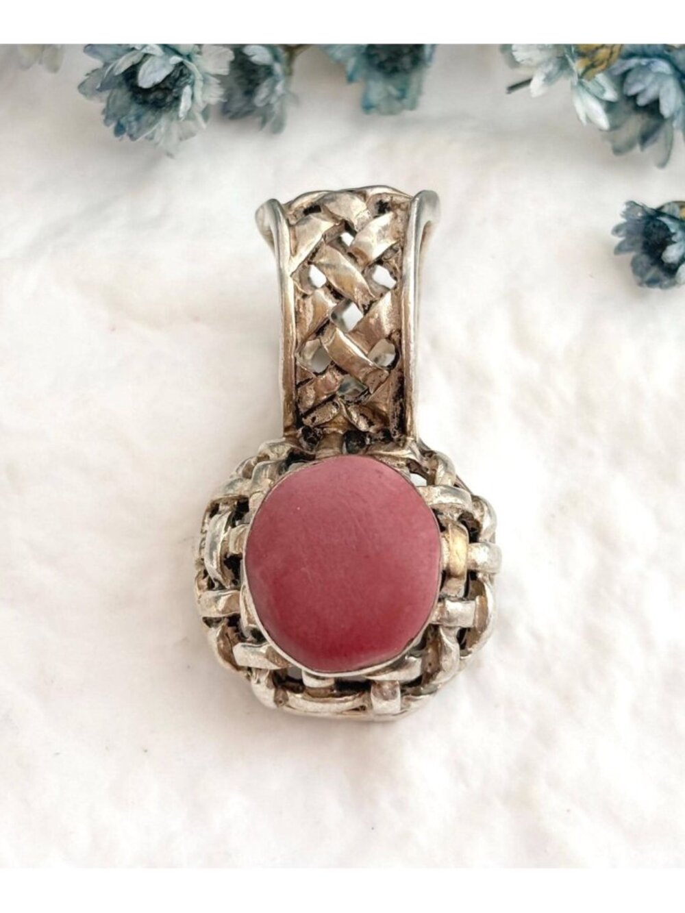 Woven Red Coral Stone Accented Sterling Silver 925 Vintage Pendant